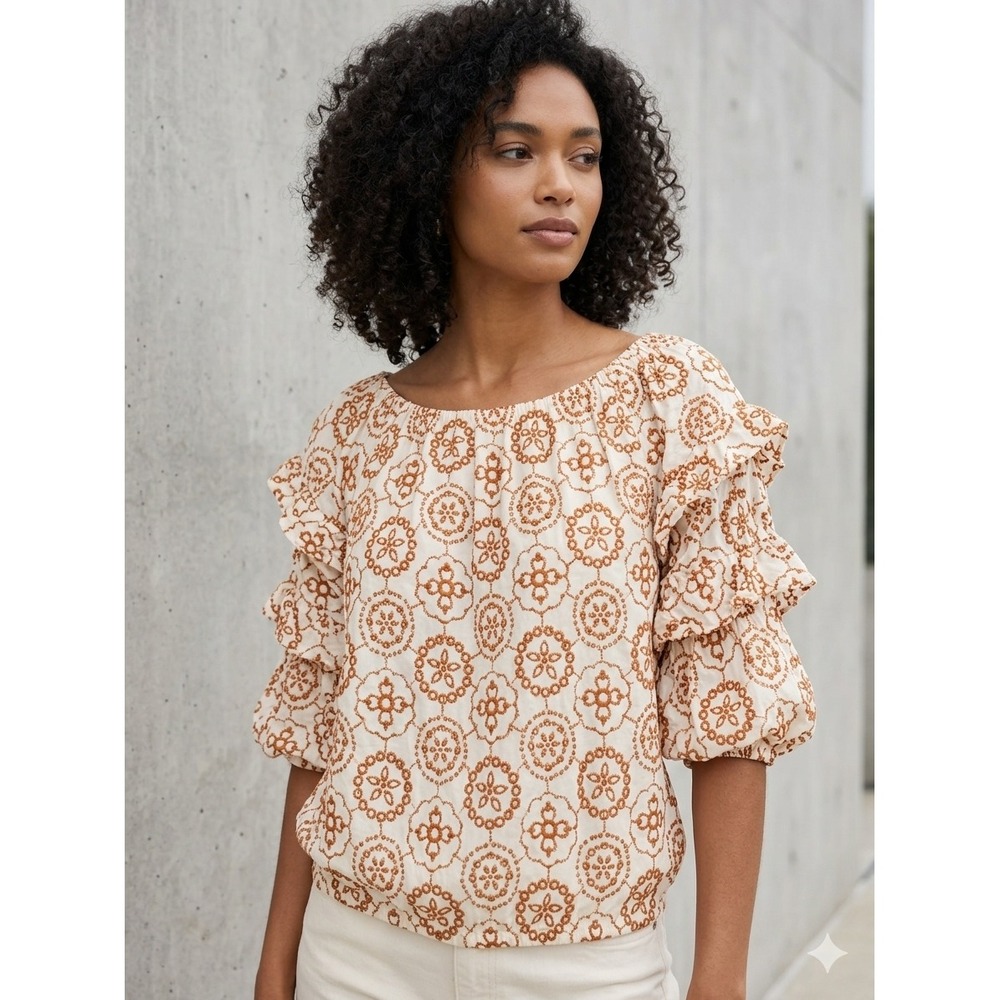 Vince Camuto Boho Embroidered Ruffle Tiered Sleeve Peasant Blouse White Orange M